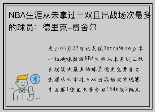 NBA生涯从未拿过三双且出战场次最多的球员：德里克-费舍尔