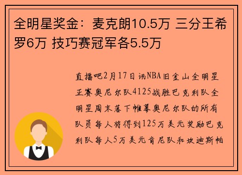 全明星奖金：麦克朗10.5万 三分王希罗6万 技巧赛冠军各5.5万