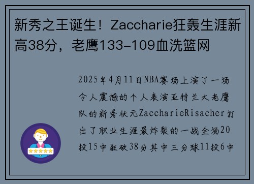 新秀之王诞生！Zaccharie狂轰生涯新高38分，老鹰133-109血洗篮网